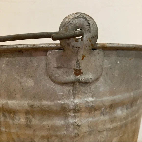 Old Galvanized Bucket with Distressed Finish Writing & Sticker 9” Tall - Picture 14 of 16